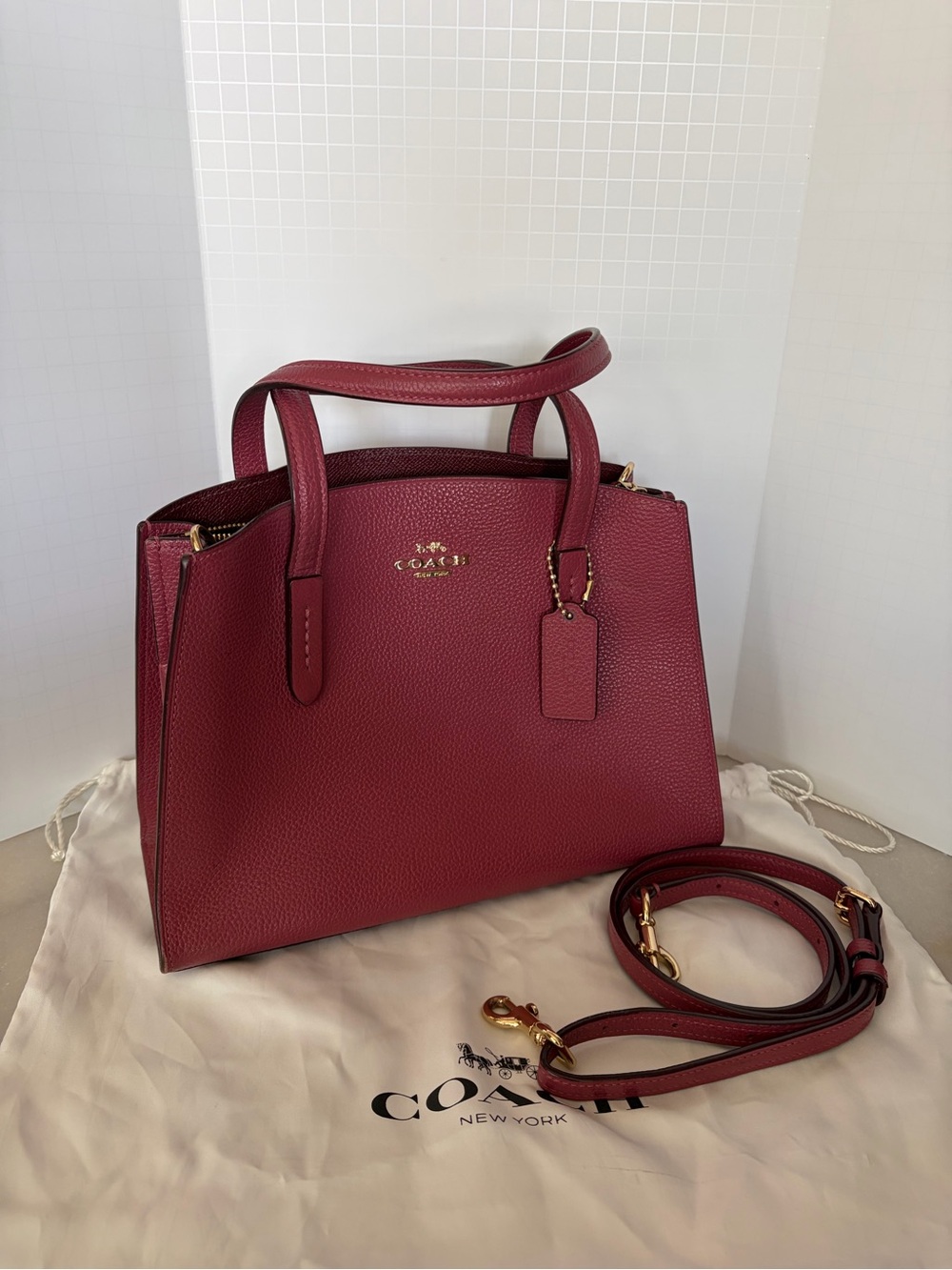 EUC Coach Charlie Carryall 28 Pebbled Leather Satchel Handbag - Berry, Dust bag